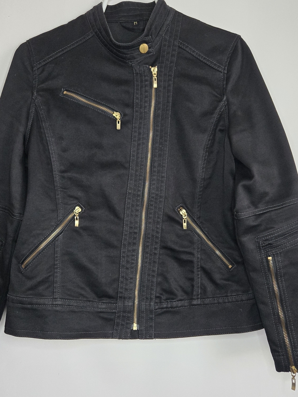 Tribal DeNIME Women M Black Moto  style Jacket Asymmetrical Gold tone Zippers